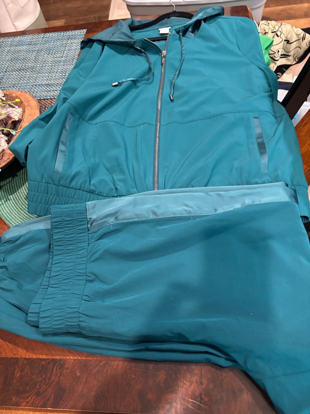 Chico's Teal jacket and jogger pants.